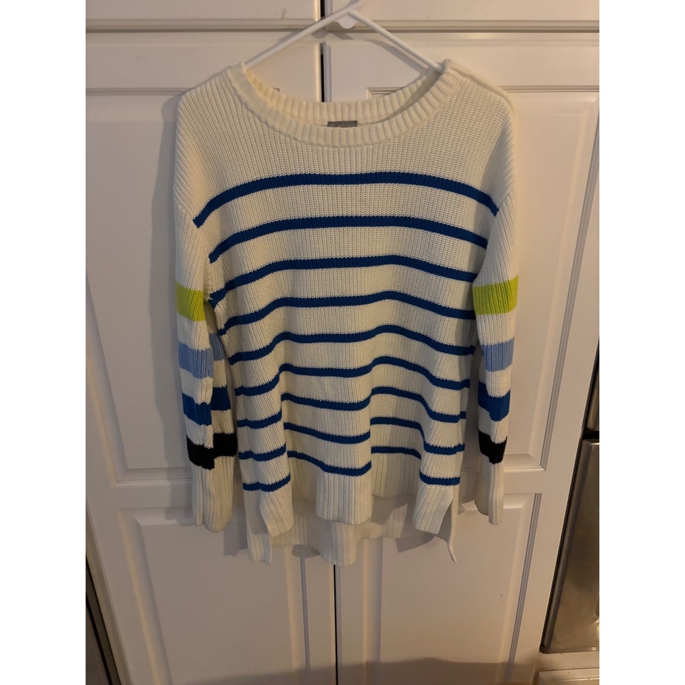 T by Talbots XL Striped Sweater Knit‎ Pullover Blue White Green Shoulder Zip